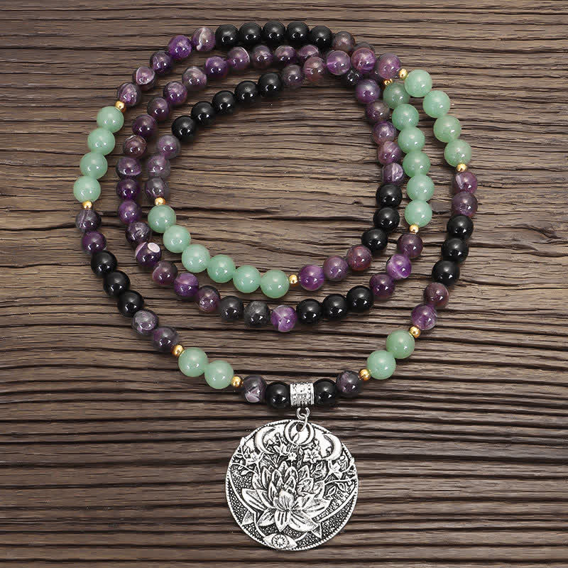 Buddha Stones Armband met 108 Mala kralen, amethist, groene aventurijn en lotusmotief. - Ketting - image 0
