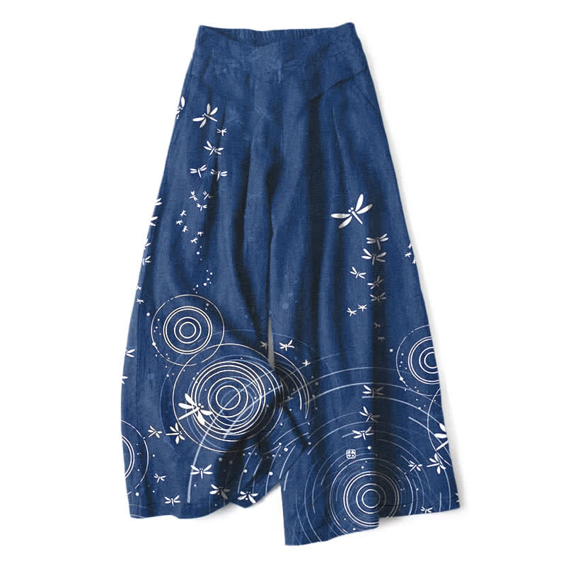 Buddha Stones Damesbroek met elastische Taille, wijde pijpen en Zakken , gemaakt van katoen-linnen met een libelle- en rimpelpatroon. - Marine - US16, UK/AU20, EU48 (3XL) - image 0