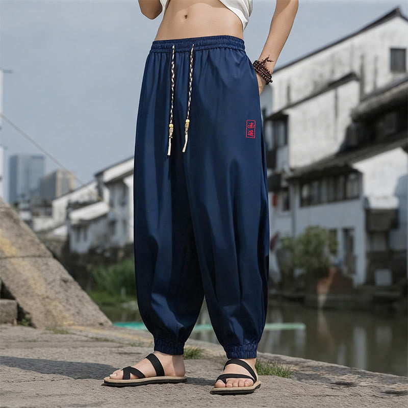 Buddha Stones Zomerse casual enkelbroek met trekkoord , Enkellengte met Chinese karakters, nonchalante stijl, heren harembroek met Zakken - Marine - US/UK/AU46, EU56 (5XL) - image 0