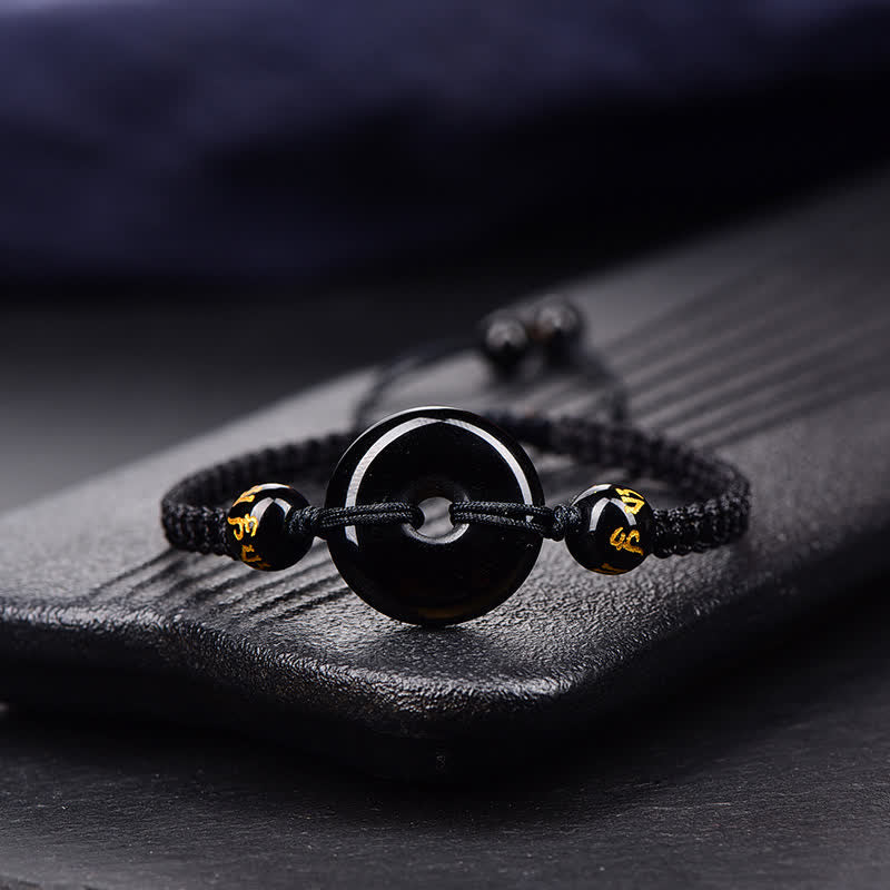 Buddha Stones Zwarte obsidiaan vredesgesp Armband - Zwart snoer - Zwarte obsidiaan (Zuivering♥Kracht) - image 1