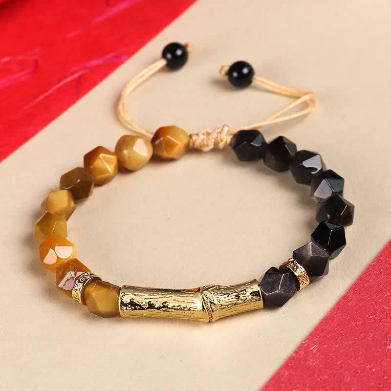 Buddha Stones Tijgeroog zilverglans obsidiaan bamboe gefacetteerde Armband - Obsidiaan met zilverglans en gouden tijgeroog - Tijgeroog (Bescherming♥Kracht) - image 2