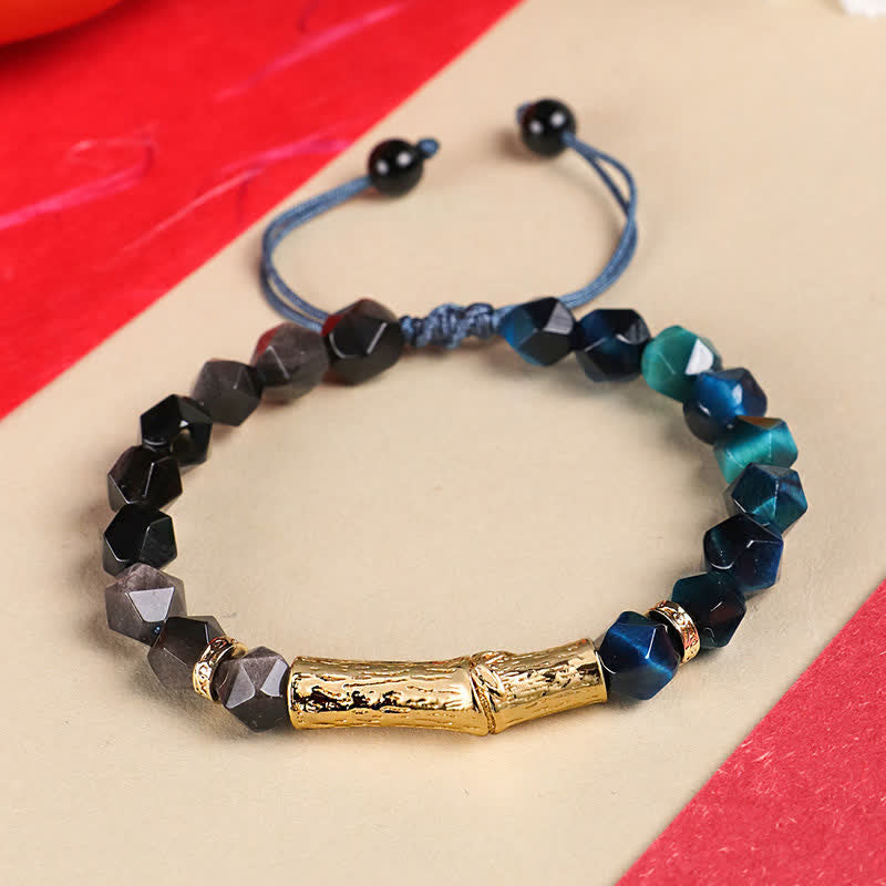 Buddha Stones Tijgeroog zilverglans obsidiaan bamboe gefacetteerde Armband - Obsidiaan met zilverglans en blauwe tijgeroog - Tijgeroog (Bescherming♥Kracht) - image 1