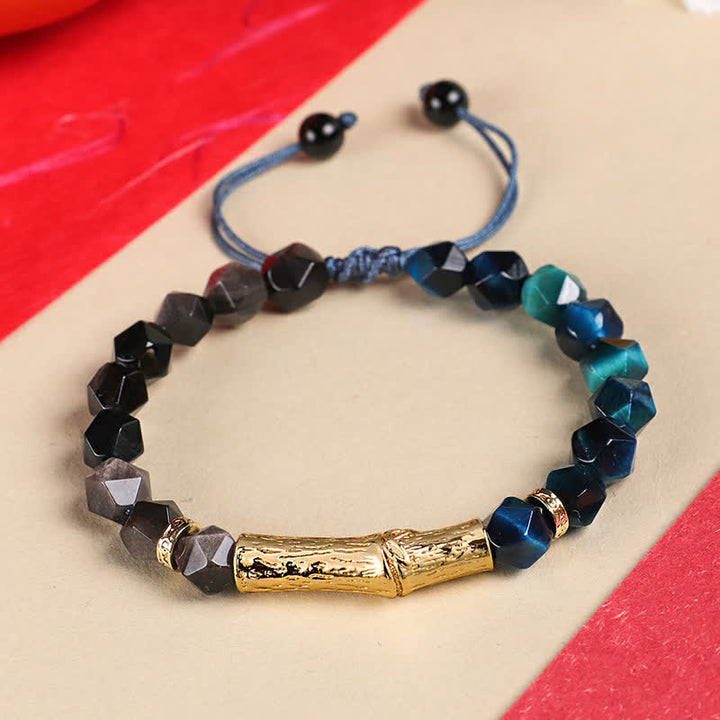 Buddha Stones Tijgeroog zilverglans obsidiaan bamboe gefacetteerde Armband - Obsidiaan met zilverglans en blauwe tijgeroog - Tijgeroog (Bescherming♥Kracht) - image 1