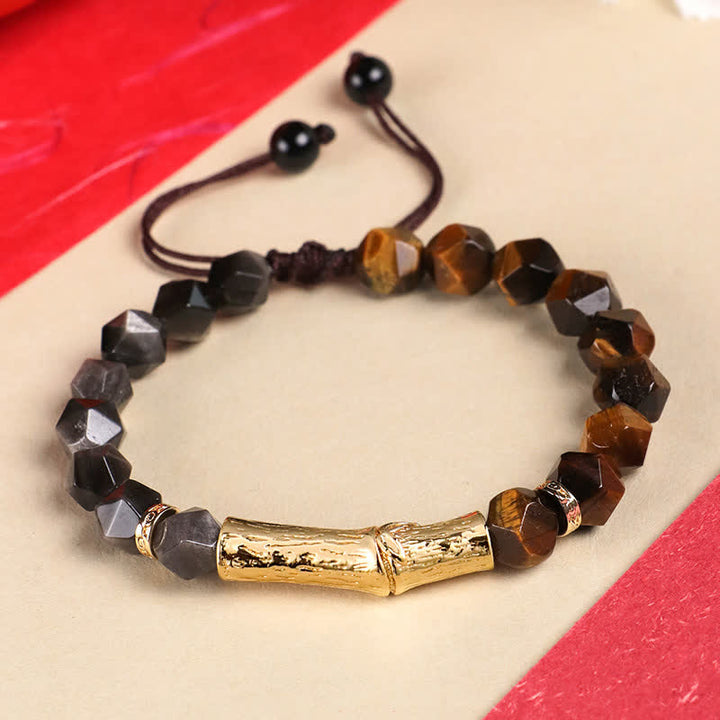 Buddha Stones Tijgeroog zilverglans obsidiaan bamboe gefacetteerde Armband - Obsidiaan met zilverglans en gele tijgeroog - Tijgeroog (Bescherming♥Kracht) - image 0