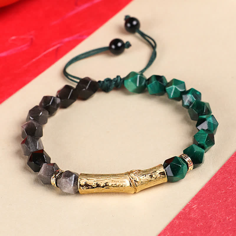 Buddha Stones Tijgeroog zilverglans obsidiaan bamboe gefacetteerde Armband - Obsidiaan met zilverglans en groene tijgeroog - Tijgeroog (Bescherming♥Kracht) - image 3