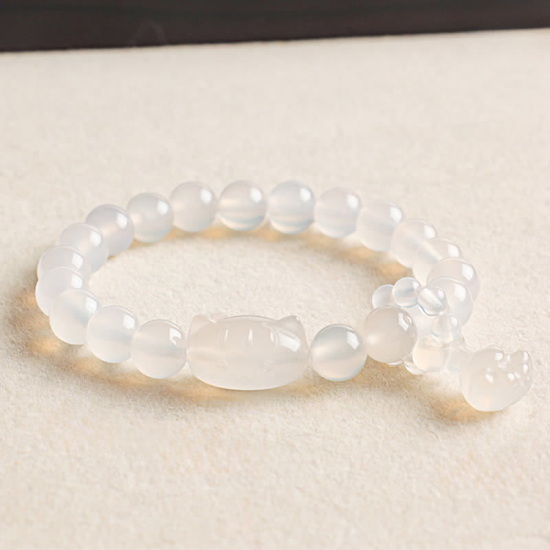 Buddha Stones Handgesneden kattenhanger van obsidiaan met zilverkleurige glans, symbool voor rust en sereniteit, handgemaakte Armband . - Witte agaat (Rust ♥ Zuiverheid) - image 1