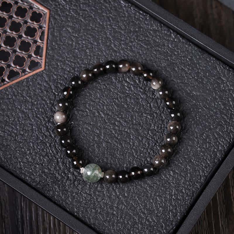 Buddha Stones Handgeweven ronde Armband van zwarte obsidiaan met aardingsfunctie, nieuw Chinees ontwerp. - Groene Phantom Topkraal - Zwarte obsidiaan (Zuivering♥Kracht) - image 1