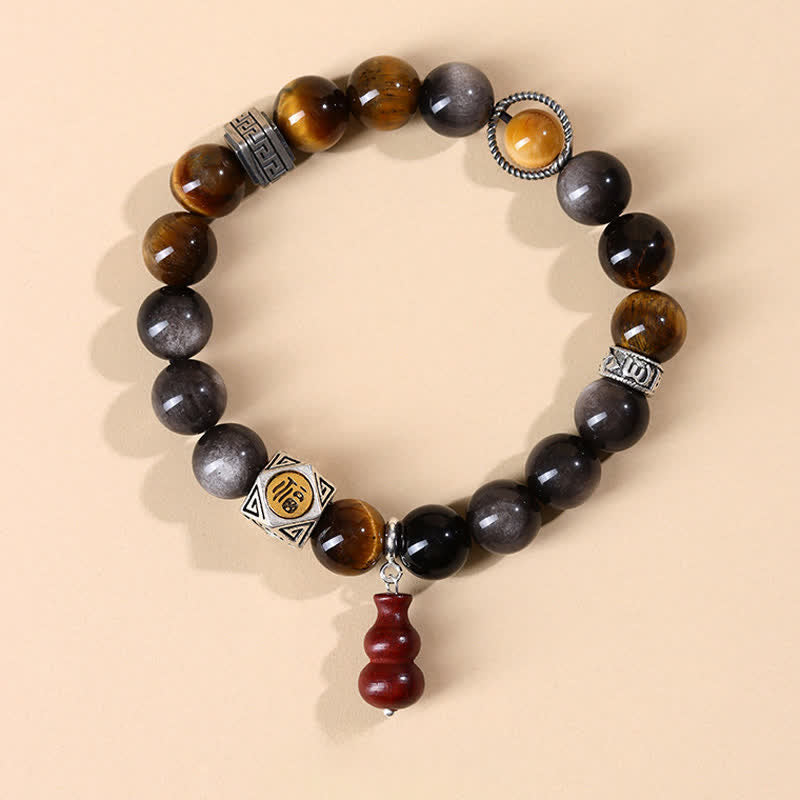 Buddha Stones Zilveren Obsidiaan Aardingsarmband met Fu- Armband - Fu-personage (Geluk ♥ Zegen) - Zilverglanzende obsidiaan (Bescherming♥Verzachtend) - image 0