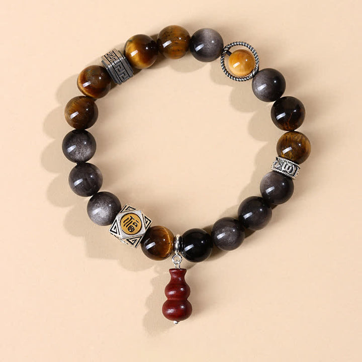 Buddha Stones Zilveren Obsidiaan Aardingsarmband met Fu- Armband - Fu-personage (Geluk ♥ Zegen) - Zilverglanzende obsidiaan (Bescherming♥Verzachtend) - image 0