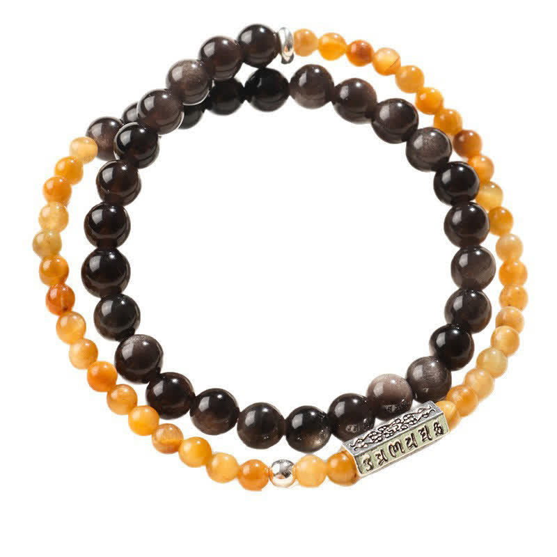 Buddha Stones Zilverglanzende obsidiaan Om Mani Padme Hum Aardende dubbele Armband - image 11