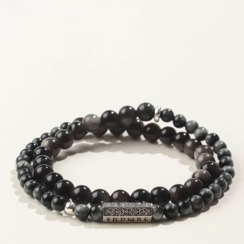 Buddha Stones Zilverglanzende obsidiaan Om Mani Padme Hum Aardende dubbele Armband - Stijl-3 - Zilverglanzende obsidiaan (Bescherming♥Verzachtend) - image 3