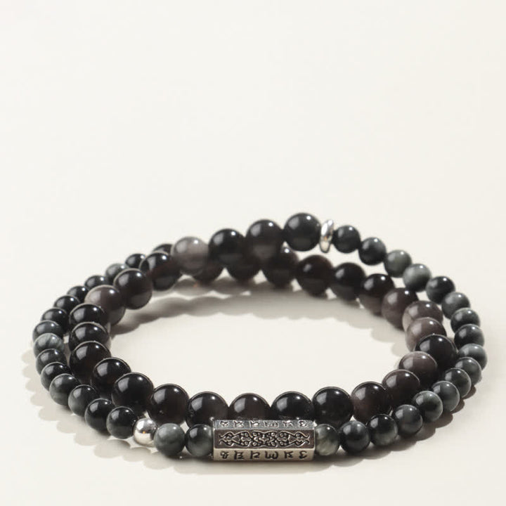 Buddha Stones Zilverglanzende obsidiaan Om Mani Padme Hum Aardende dubbele Armband - Stijl-3 - Zilverglanzende obsidiaan (Bescherming♥Verzachtend) - image 3