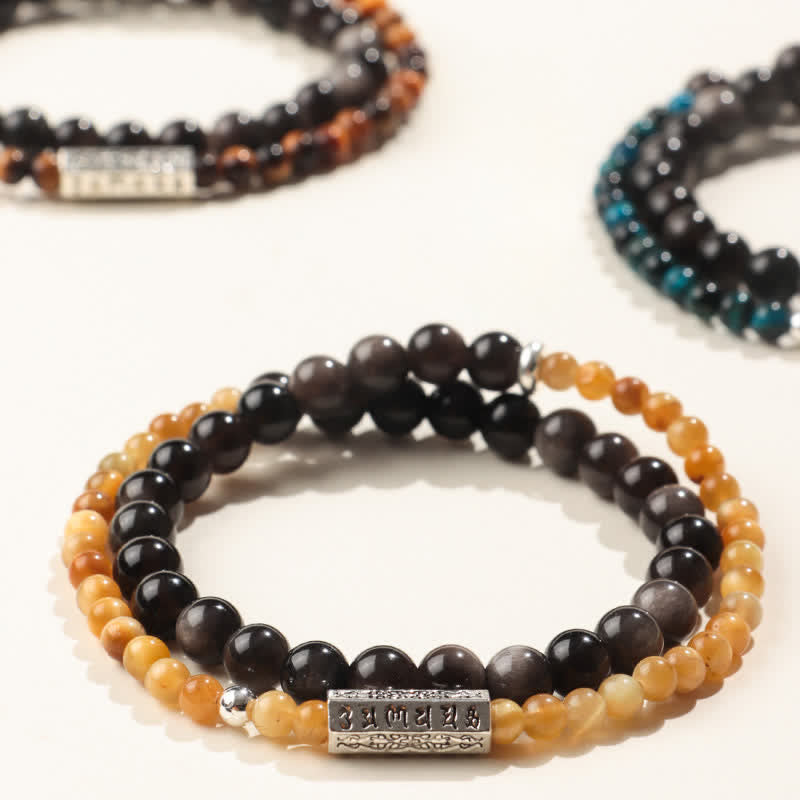 Buddha Stones Zilverglanzende obsidiaan Om Mani Padme Hum Aardende dubbele Armband - image 8