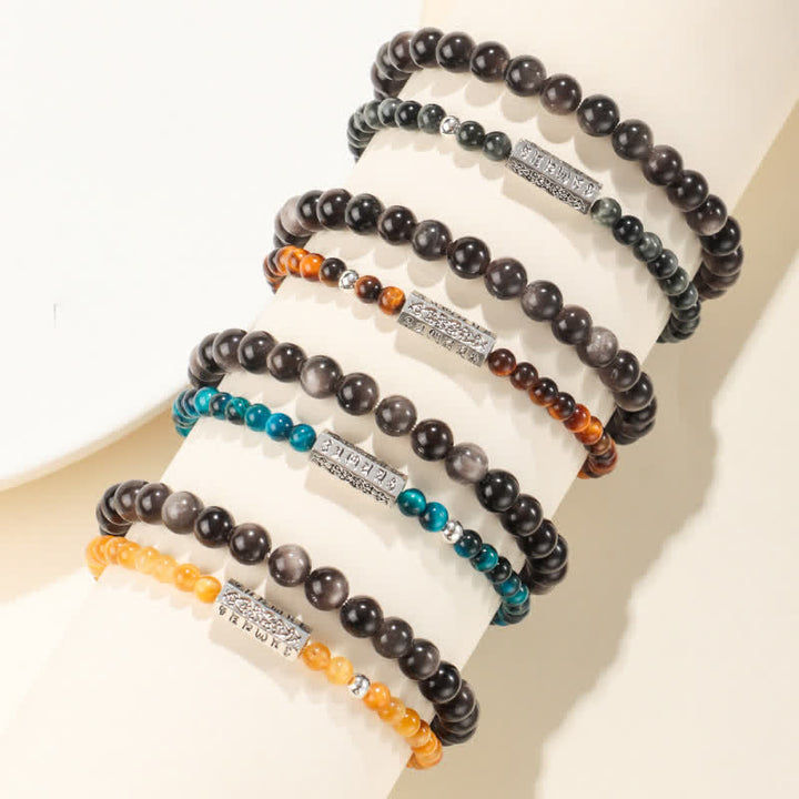 Buddha Stones Zilverglanzende obsidiaan Om Mani Padme Hum Aardende dubbele Armband - image 10