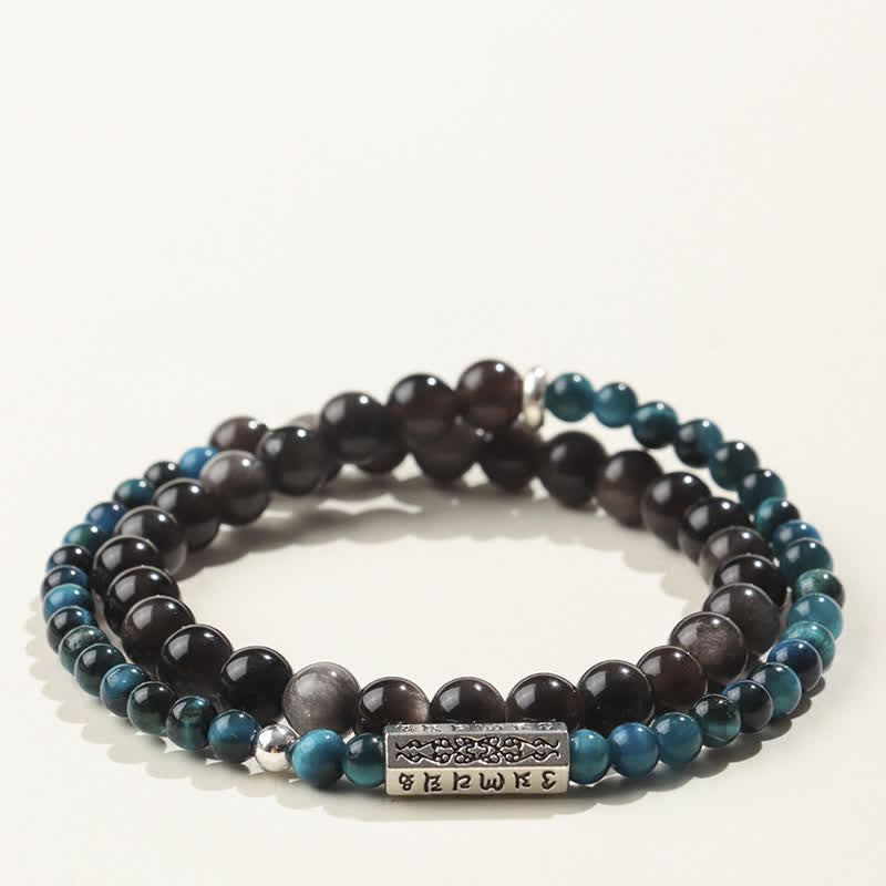 Buddha Stones Zilverglanzende obsidiaan Om Mani Padme Hum Aardende dubbele Armband - Stijl-4 - Zilverglanzende obsidiaan (Bescherming♥Verzachtend) - image 4