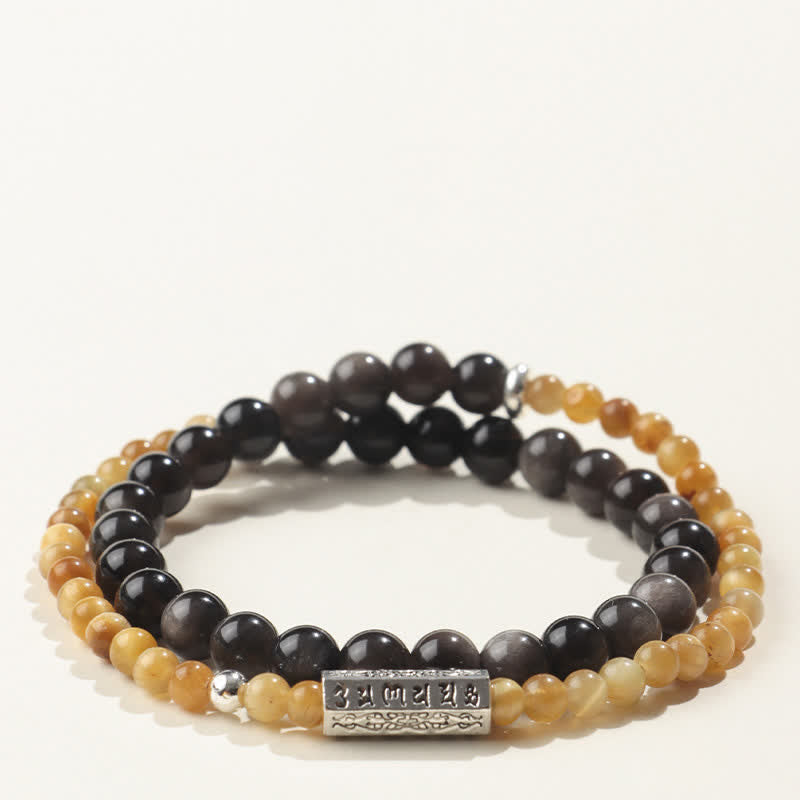 Buddha Stones Zilverglanzende obsidiaan Om Mani Padme Hum Aardende dubbele Armband - Stijl-1 - Zilverglanzende obsidiaan (Bescherming♥Verzachtend) - image 1