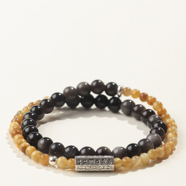 Buddha Stones Zilverglanzende obsidiaan Om Mani Padme Hum Aardende dubbele Armband - Stijl-1 - Zilverglanzende obsidiaan (Bescherming♥Verzachtend) - image 1
