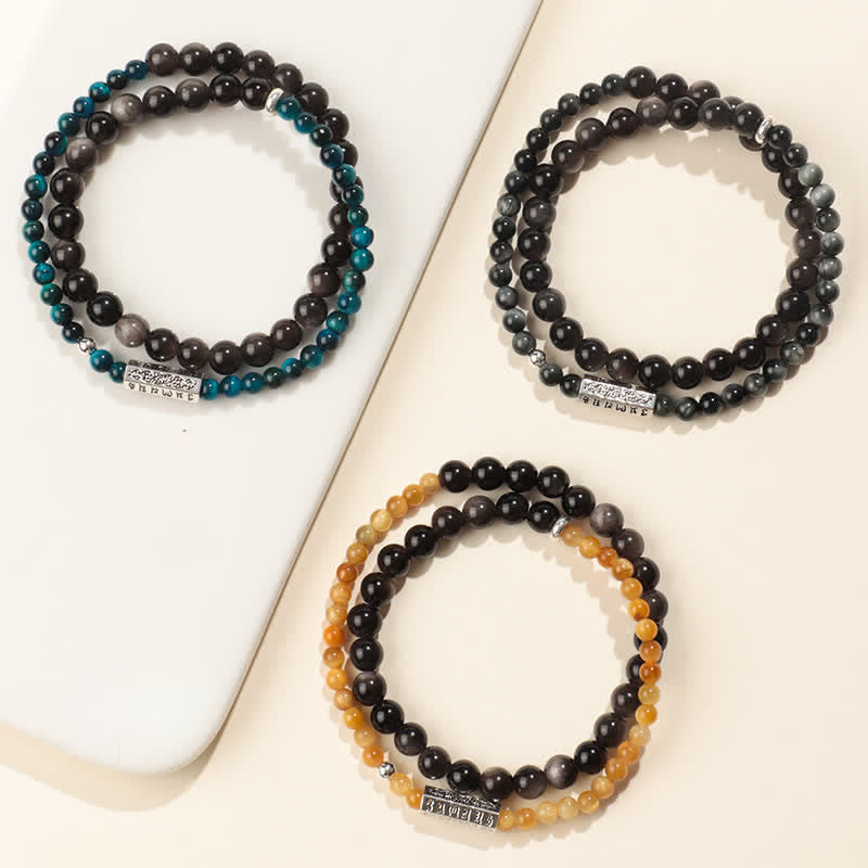 Buddha Stones Zilverglanzende obsidiaan Om Mani Padme Hum Aardende dubbele Armband - image 9