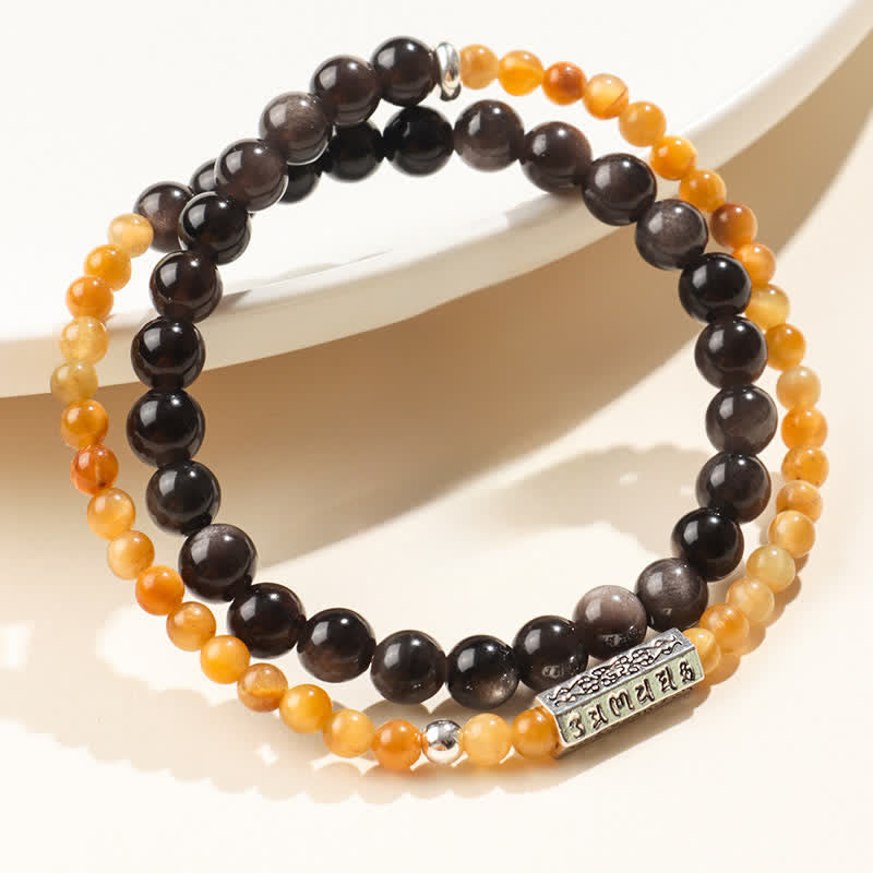 Buddha Stones Zilverglanzende obsidiaan Om Mani Padme Hum Aardende dubbele Armband - image 0