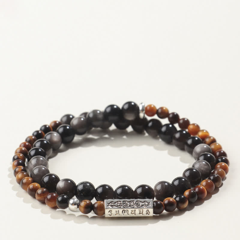 Buddha Stones Zilverglanzende obsidiaan Om Mani Padme Hum Aardende dubbele Armband - Stijl-2 - Zilverglanzende obsidiaan (Bescherming♥Verzachtend) - image 2