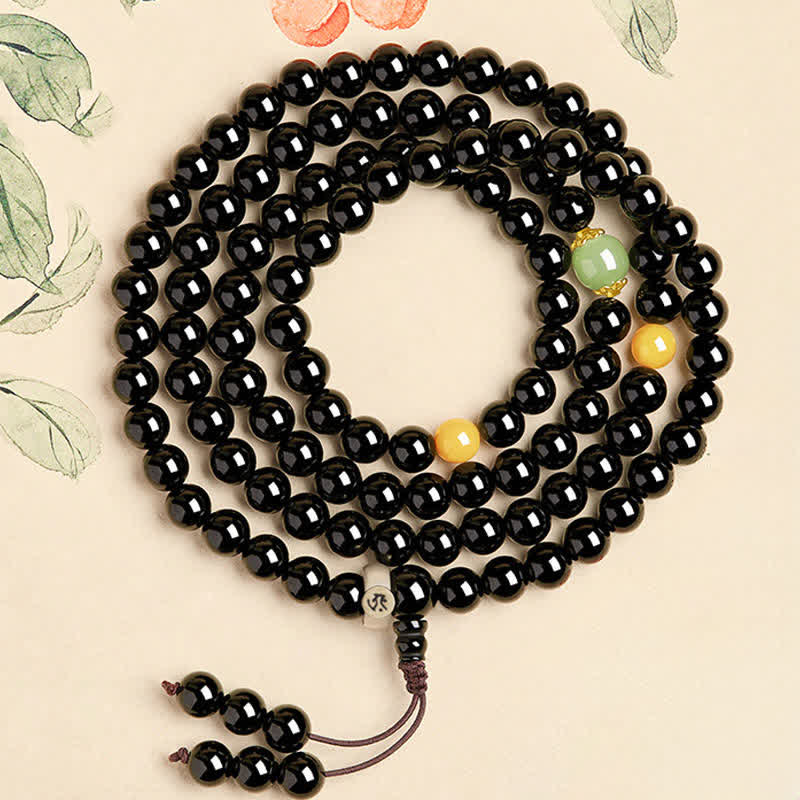 Buddha Stones Zwarte obsidiaan Chinese dierenriem beschermingsmala met 108 kralen en kwastje, Mala - Os/Tijger-Leegte Bodhisattva - 8mm - image 1