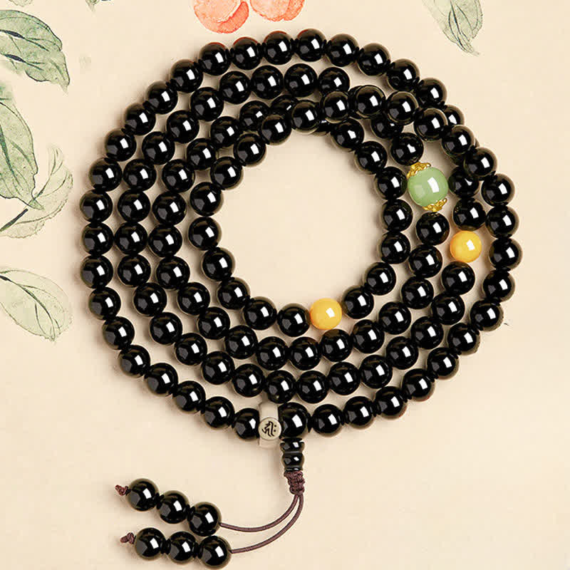 Buddha Stones Zwarte obsidiaan Chinese dierenriem beschermingsmala met 108 kralen en kwastje, Mala - Rat-Duizendarmige Avalokitesvara - 8mm - image 0