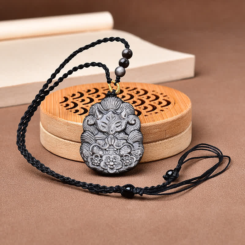 Buddha Stones Handgesneden Ketting met afbeelding van een negenstaartvos, gemaakt van zwarte obsidiaan - image 1