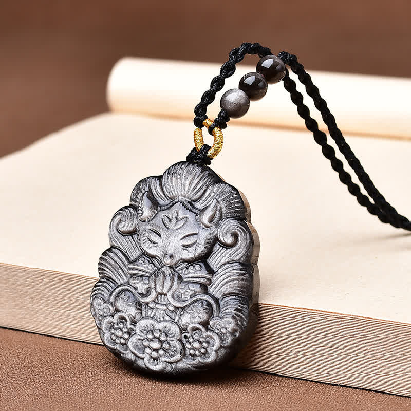 Buddha Stones Handgesneden Ketting met afbeelding van een negenstaartvos, gemaakt van zwarte obsidiaan - Zwarte obsidiaan (Zuivering♥Kracht) - image 0