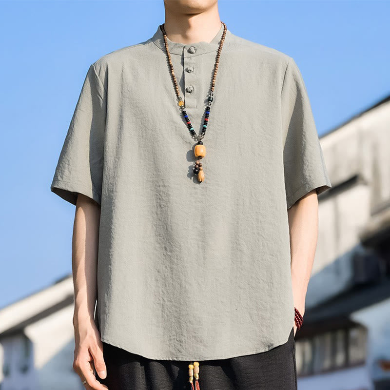 Buddha Stones Zomerse casual Overhemden met Mandarin kraag, drie knopen en Korte mouw , effen kleur. - OldLace - US/UK/AU48, EU58 (5XL) - image 0