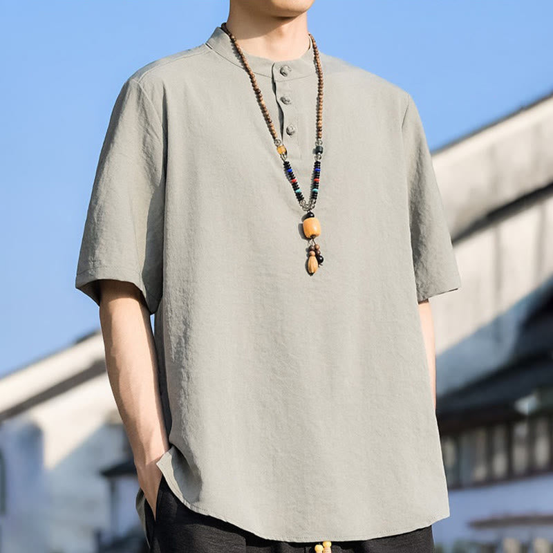 Buddha Stones Zomerse casual Overhemden met Mandarin kraag, drie knopen en Korte mouw , effen kleur. - image 1