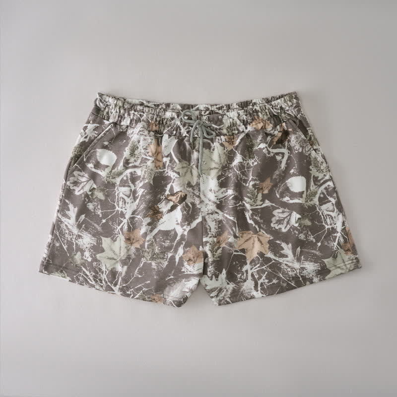Buddha Stones Zomerse casual damesshorts met trekkoord, abstract esdoornbladmotief en zakje - Sienna - US12, UK/AU16, EU44 (2XL) - image 0