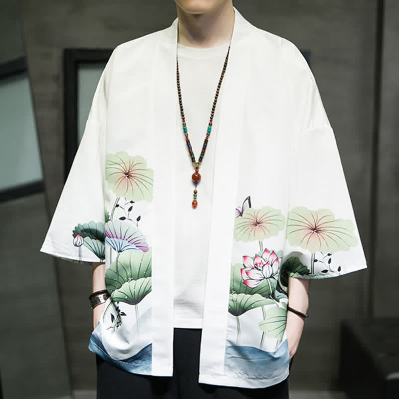 Buddha Stones Zomerse casual kimono voor heren met lotusbladeren, vlinders en kraanvogelsprint en open voorkant. - image 1