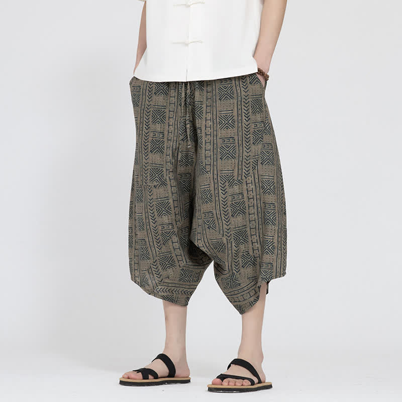 Buddha Stones Zomerse boho casual capri broek met elastische Taille en geometrisch bloemenpatroon, heren harembroek - Bruinen - US/UK/AU46, EU56 (5XL) - image 0