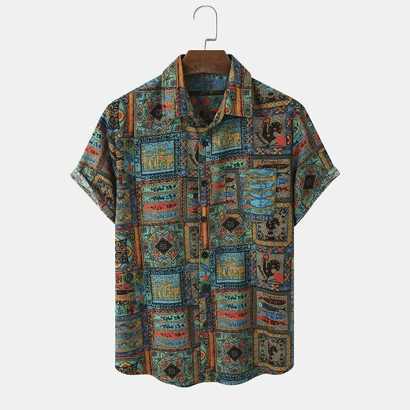 Buddha Stones Zomerse boho vintage Overhemden met geometrische print voor heren, met Korte mouw - Teal - US/UK/AU40, EU50 (3XL) - image 0