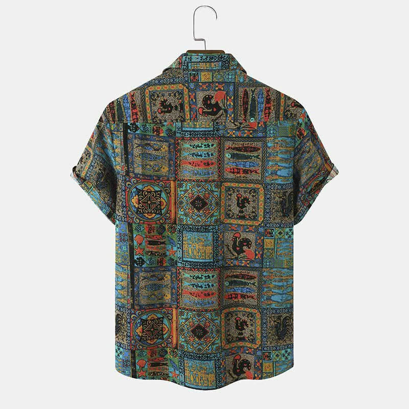 Buddha Stones Zomerse boho vintage Overhemden met geometrische print voor heren, met Korte mouw - image 1