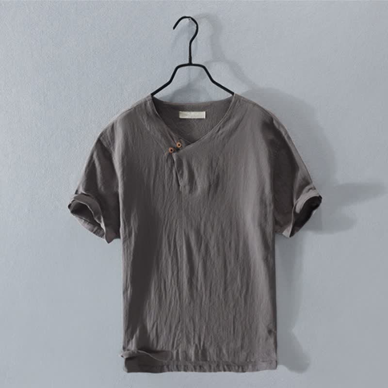 Buddha Stones Zomerse casual asymmetrische V-hals Overhemden met knoopsluiting en Korte mouw voor heren. - Donkergrijs - US/UK/AU42, EU52 (3XL) - image 0