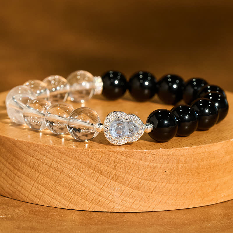 Buddha Stones Heldere kwarts armband met zwarte obsidiaan en kalebas - image 18
