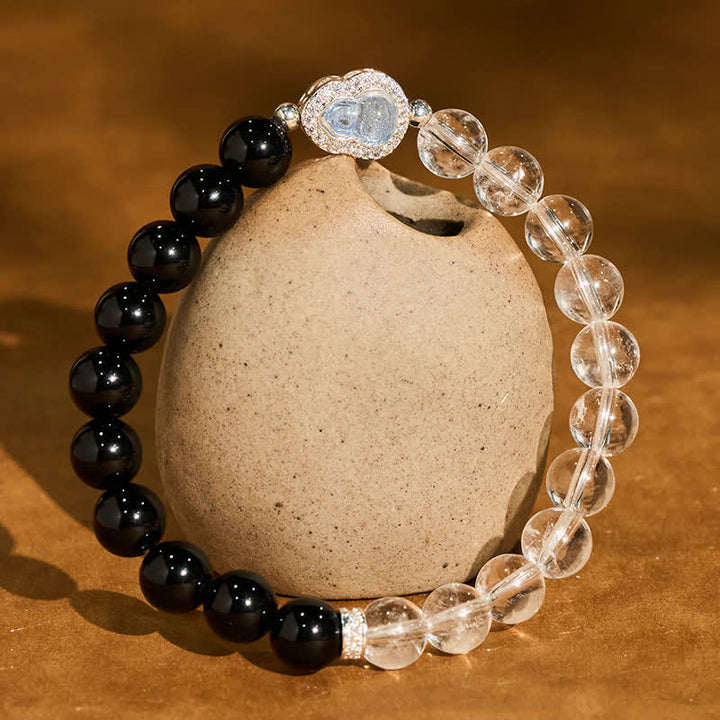 Buddha Stones Heldere kwarts armband met zwarte obsidiaan en kalebas - Helder kwarts, zwarte obsidiaan (Polsomtrek: 15-16 cm) - image 0