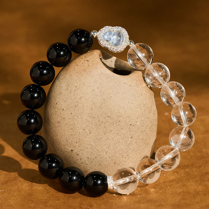 Buddha Stones Heldere kwarts armband met zwarte obsidiaan en kalebas - Helder kwarts, zwarte obsidiaan (Polsomtrek: 16-17 cm) - image 17