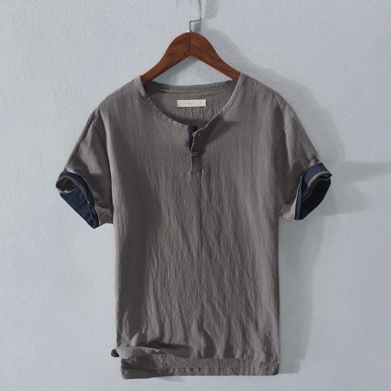 Buddha Stones Zomerse casual minimalistische Overhemden met Korte mouw van effen katoen en linnen, met twee knopen. - Grijs - US/UK/AU42, EU52 (3XL) - image 0