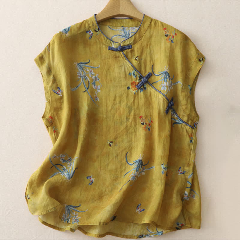 Buddha Stones Zomerse Tang Style Vintage T-Overhemden met kikkerknopen, orchideeën en bloemenprint, Mouwloos, tanktop voor dames - Peru - Mouwloos - US12, UK/AU16, EU44 (2XL) - image 0