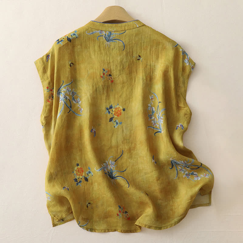 Buddha Stones Zomerse Tang Style Vintage T-Overhemden met kikkerknopen, orchideeën en bloemenprint, Mouwloos, tanktop voor dames - image 1