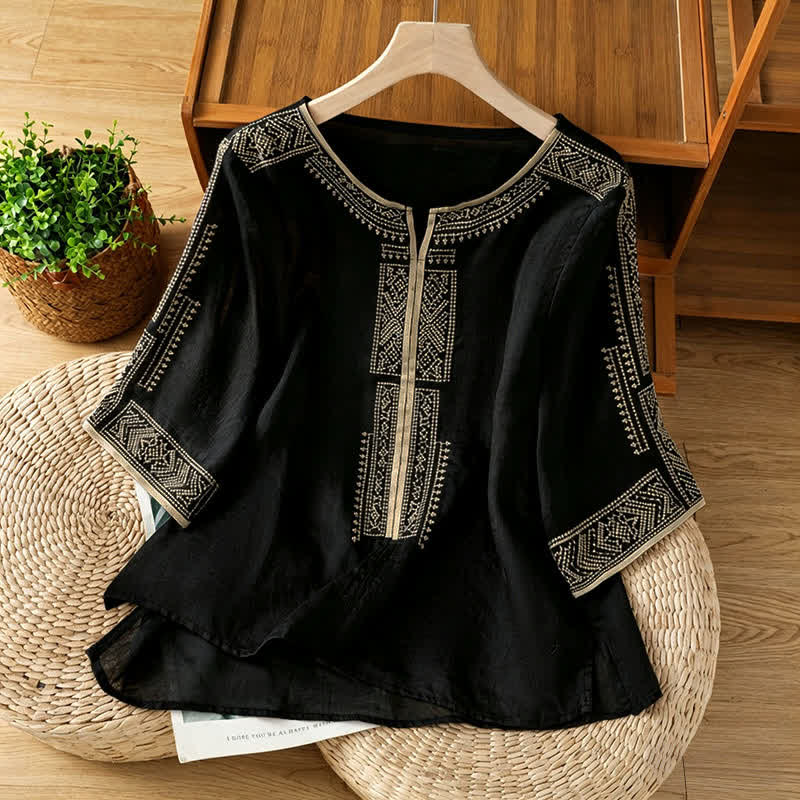 Buddha Stones Zomerse boho casual T-shirts met geometrische borduursels voor dames met Korte mouw - Zwart - US8-10, UK/AU12-14, EU40-42 (2XL) - image 0