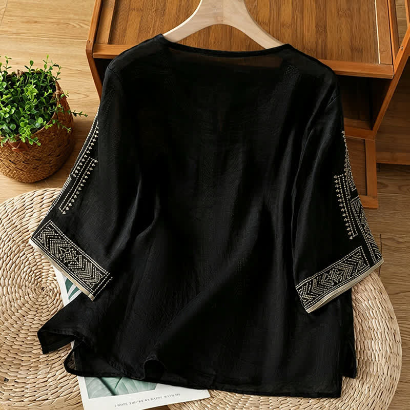 Buddha Stones Zomerse boho casual T-shirts met geometrische borduursels voor dames met Korte mouw - image 1