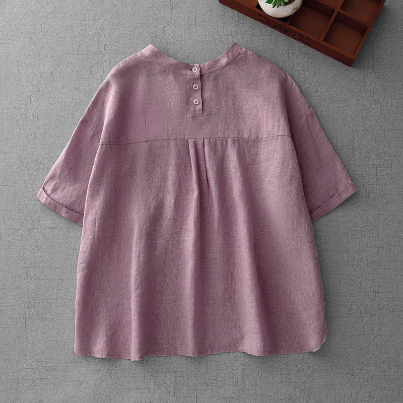Buddha Stones Zomerse, casual, minimalistische dames T-shirts met Korte mouw, knoopjes op de rug en Zakken . - image 1