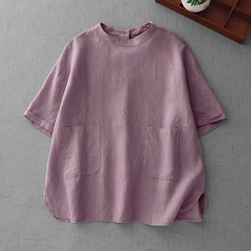 Buddha Stones Zomerse, casual, minimalistische dames T-shirts met Korte mouw, knoopjes op de rug en Zakken . - Distel - US14, UK/AU18, EU46 (2XL) - image 0
