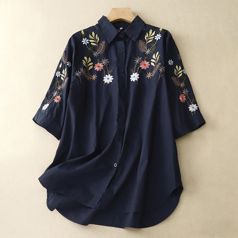 Buddha Stones Lente/Zomer Boho Geborduurd Bloemen Dames Shirt met Korte mouw - Middernachtblauw - US8-10，UK/AU12-14，EU40-42 (2XL) - image 0