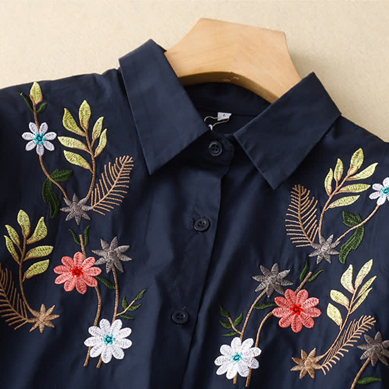 Buddha Stones Lente/Zomer Boho Geborduurd Bloemen Dames Shirt met Korte mouw - image 1