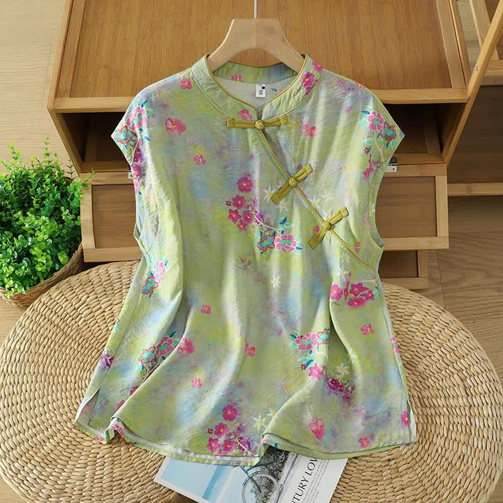 Buddha Stones Elegante Mouwloos Overhemden met Mandarin kraag, zijsplit en bloemenprint. - Geelgroen - US14, UK/AU18, EU46 (2XL) - image 10