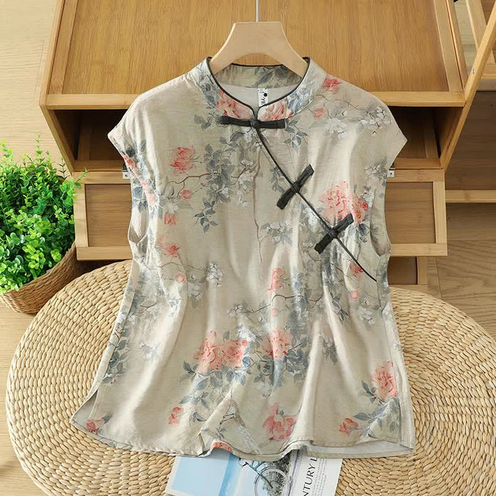 Buddha Stones Elegante Mouwloos Overhemden met Mandarin kraag, zijsplit en bloemenprint. - Beige - US14, UK/AU18, EU46 (2XL) - image 0